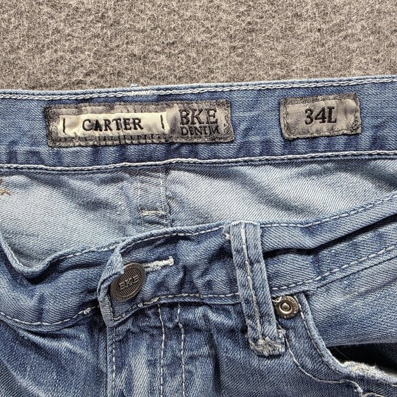 BKE Carter Jeans Mens 34L Blue Light Wash Distressed Straight Leg Patchwork - Picture 6 of 11